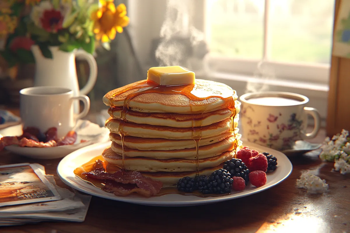 A stack of fluffy American pancakes topped with butter and maple syrup