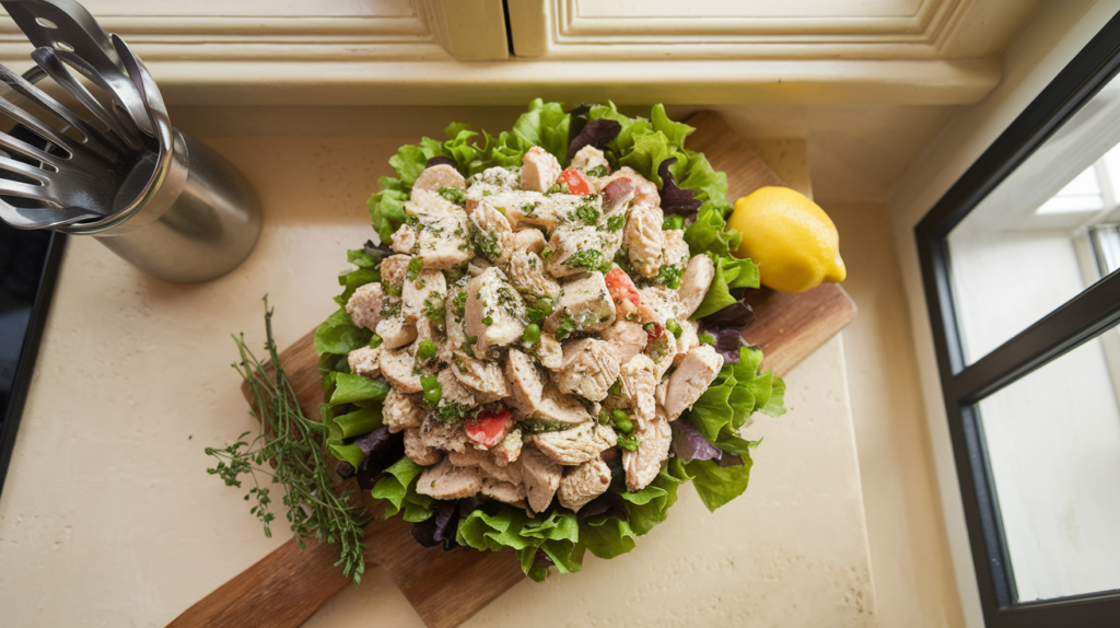 A bowl of creamy chicken salad that is not dry.