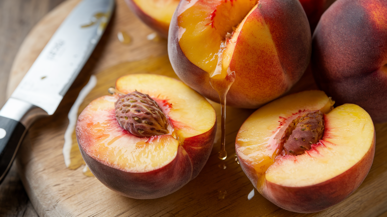 What brings out the flavor of peaches?, photo taken with an amateur photo from Reddit. Taken with an iPhone 15 Pro, top down-view, overhead shot, high quality, realistic, close to the camera, in a beautiful kitchen, --ar 16:9 --style raw