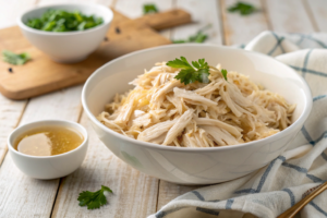 Shredded boiled chicken breasts ready to eat.