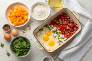 Ingredients for cottage cheese egg bake, including eggs, cottage cheese, vegetables, and bacon