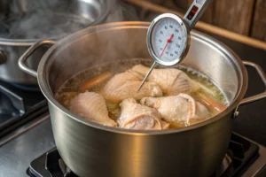 Infographic showing the steps to boil not fully defrosted chicken.