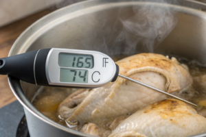 A close-up shot focusing on a food thermometer inserted into the thickest part of a boiled chicken breast inside a pot of water. The thermometer is clearly visible, and its reading should indicate 165°F (74°C). The cooked chicken breast looks white and firm with steam visible