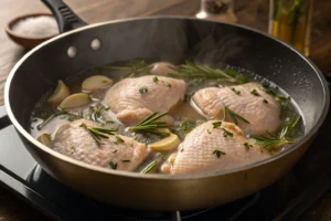 Cooking frozen chicken breast in a pan.