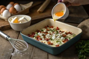 Pouring egg and cottage cheese mixture into a baking dish for egg bake