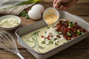 Pouring egg and cottage cheese mixture into a baking dish for egg bake.