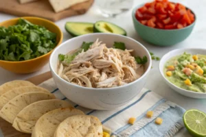 Overhead shot of shredded boiled not fully defrosted chicken with ingredients for various dishes.