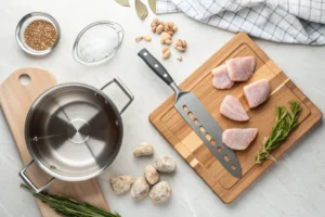 A flat lay, overhead shot of a variety of kitchen tools: a food thermometer, a stainless steel pot, a wooden cutting board, and several rock-solid frozen chicken breasts scattered around. The background is a clean, light-colored kitchen counter. Use natural, slightly diffused lighting, highlighting the frosty texture of the frozen chicken.