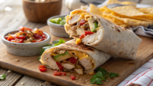 Tasty chicken breakfast recipes burrito sliced open to show fillings