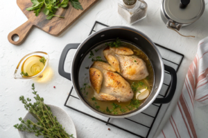 Chicken simmering in a pot.