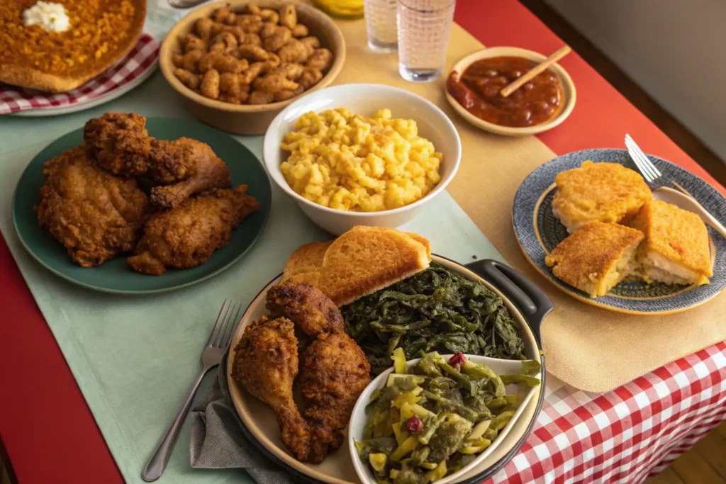 Top-down view of a table filled with various soul food dinner ideas