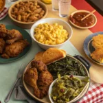 Top-down view of a table filled with various soul food dinner ideas