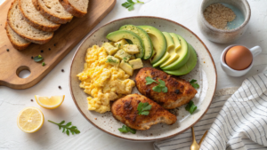 Colorful chicken breakfast recipes plate with eggs and avocado