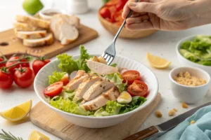 Overhead shot of shredded boiled not fully defrosted chicken with ingredients for various dishes.