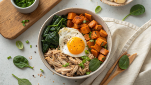 Vibrant chicken breakfast recipes bowl with spinach and egg