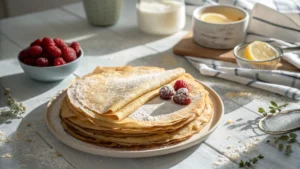 Ingredients used for gluten-free crepes, including flour, eggs, milk, and butter.