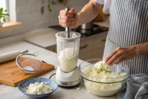 Blending cottage cheese for a smoother texture, preparing it for pizza.