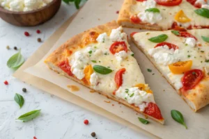 Delicious pizza with cottage cheese topping,