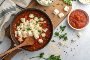 Does cottage cheese melt in sauce? A skillet with tomato sauce and visible cottage cheese curds.