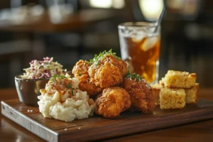 golden Southern fried chicken served on a rustic wooden plate 1