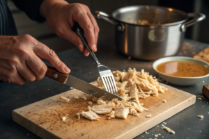 Shredding boiled chicken with forks.