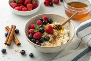 Sweet cottage cheese breakfast bowl with berries