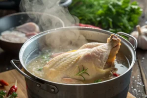 Frozen chicken breast gently simmering in water.