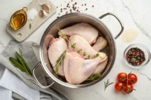 Raw frozen chicken breasts ready to boil in a pot.