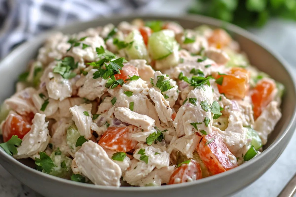 Creamy 4-ingredient chicken salad in a bowl.