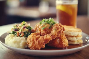 This image showcases a traditional how are you supposed to eat fried chicken? dinner, including crispy fried chicken, mashed potatoes, coleslaw, and biscuits, embodying Southern culinary norms and offering a hearty, 