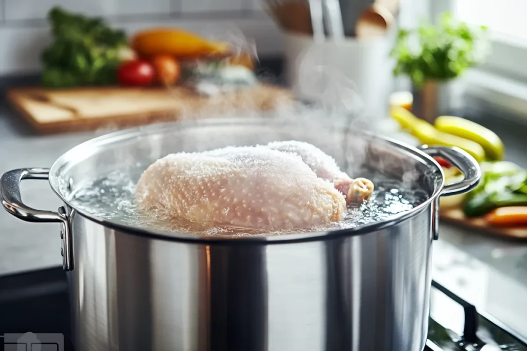 Infographic showing the steps to boil not fully defrosted chicken.