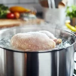 Infographic showing the steps to boil not fully defrosted chicken.