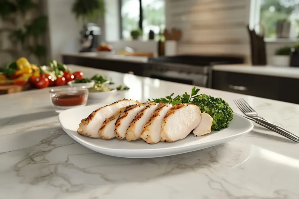 Sliced, cooked frozen chicken breast ready to serve.