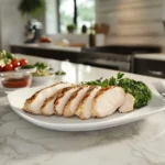 Sliced, cooked frozen chicken breast ready to serve.