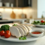 Sliced, juicy boiled frozen chicken breast.