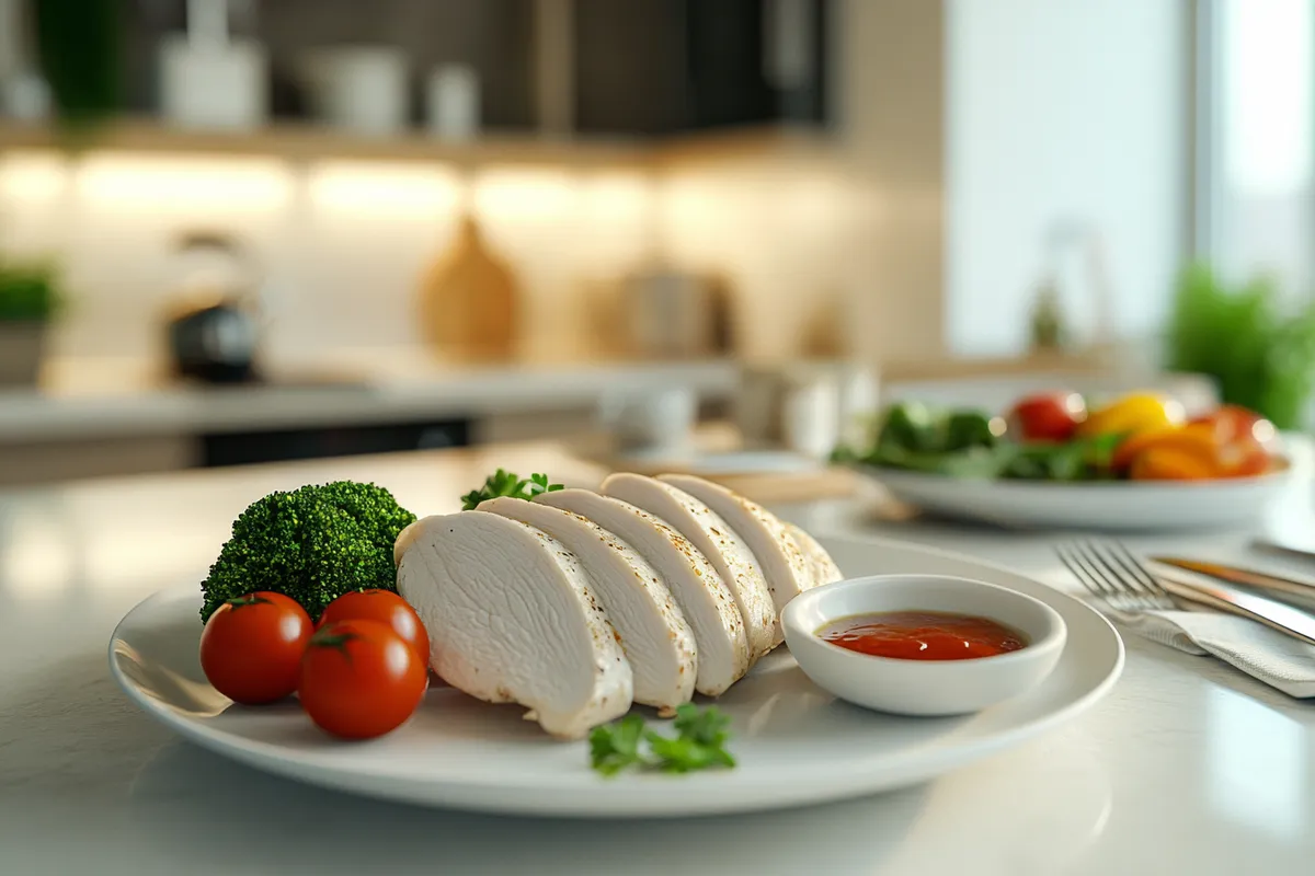 Sliced, juicy boiled frozen chicken breast.