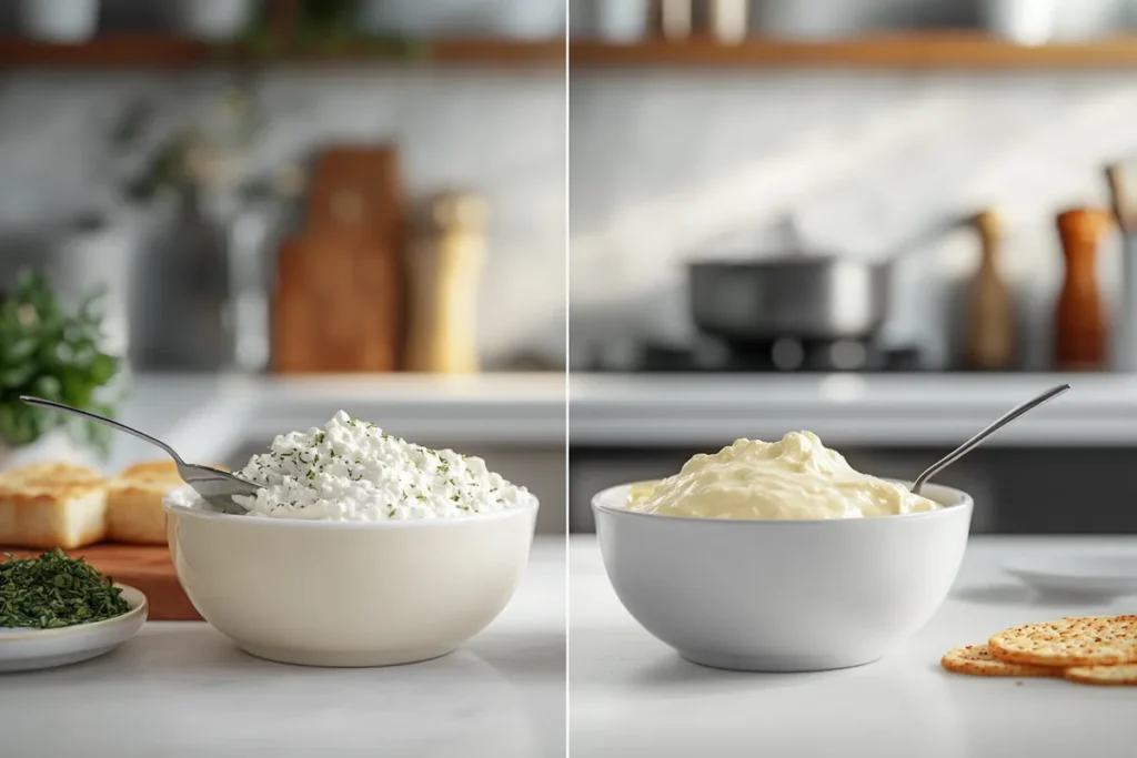 Create a high-resolution, photorealistic image set on a modern kitchen countertop. Feature two separate sections to highlight a comparison between creamy cottage cheese spread and traditional cream cheese. On the left, display a bowl of smooth, creamy cottage cheese spread with a spoon partially dipped into it, showcasing its texture. On the right, present a similar bowl of cream cheese for direct comparison. Include a heating element nearby, such as a warm stovetop burner with a small pot of melted cottage cheese to illustrate whether cottage cheese melts like cream cheese. Incorporate additional elements to enhance the visual narrative: - Ingredients: Scatter fresh ingredients around, such as chopped chives, paprika, and cracked black pepper for the cottage cheese spread, and herbs or fruit slices for the cream cheese side. - Utensils: Place a butter knife or spreader in contact with both spreads to show consistency. - Background: Utilize a clean, slightly blurred kitchen background with modern appliances like a toaster, blender, or refrigerator to maintain focus on the spreads. - Lighting: Ensure natural, soft lighting illuminates the scene, highlighting the creamy textures and subtle differences between the two spreads. Use gentle shadows to add depth without distracting from the main subjects. - Additional Props: Include a small plate with toast or crackers on the side to suggest usage scenarios for both spreads. The overall composition should clearly convey the comparison between cottage cheese and cream cheese in terms of texture and melting properties, evoking a sense of culinary exploration and informing the viewer about the functional differences between these two spreads.