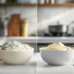 Create a high-resolution, photorealistic image set on a modern kitchen countertop. Feature two separate sections to highlight a comparison between creamy cottage cheese spread and traditional cream cheese. On the left, display a bowl of smooth, creamy cottage cheese spread with a spoon partially dipped into it, showcasing its texture. On the right, present a similar bowl of cream cheese for direct comparison. Include a heating element nearby, such as a warm stovetop burner with a small pot of melted cottage cheese to illustrate whether cottage cheese melts like cream cheese. Incorporate additional elements to enhance the visual narrative: - Ingredients: Scatter fresh ingredients around, such as chopped chives, paprika, and cracked black pepper for the cottage cheese spread, and herbs or fruit slices for the cream cheese side. - Utensils: Place a butter knife or spreader in contact with both spreads to show consistency. - Background: Utilize a clean, slightly blurred kitchen background with modern appliances like a toaster, blender, or refrigerator to maintain focus on the spreads. - Lighting: Ensure natural, soft lighting illuminates the scene, highlighting the creamy textures and subtle differences between the two spreads. Use gentle shadows to add depth without distracting from the main subjects. - Additional Props: Include a small plate with toast or crackers on the side to suggest usage scenarios for both spreads. The overall composition should clearly convey the comparison between cottage cheese and cream cheese in terms of texture and melting properties, evoking a sense of culinary exploration and informing the viewer about the functional differences between these two spreads.