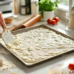 Create a high-resolution, photorealistic image set in a modern, well-organized kitchen. In the foreground, feature a person’s hands actively spreading a creamy cottage cheese pizza crust mixture onto a rectangular baking sheet. The mixture should appear smooth and slightly glossy, indicating its readiness for baking. Use a flexible spatula or dough spreader to evenly distribute the mixture, showcasing the technique and effort involved. Surround the baking sheet with fresh ingredients such as cottage cheese in a bowl, flour or almond flour for dusting, a rolling pin, and other pizza-making essentials like tomatoes, herbs, and spices scattered nearby to add context. Ensure natural, soft lighting illuminates the scene, highlighting the textures of the crust mixture and the smooth surface of the baking sheet. The countertop should be clean and clutter-free, emphasizing the preparation process. Include subtle details like a measuring cup, a sprinkle of flour on the countertop, and a clean kitchen towel hanging in the background to enhance realism. The background should feature a tidy kitchen environment with modern appliances like an oven, refrigerator, and a window letting in natural light, slightly blurred to keep the focus on the action in the foreground. The overall composition should convey a sense of culinary preparation, freshness, and the handmade quality of the pizza crust.