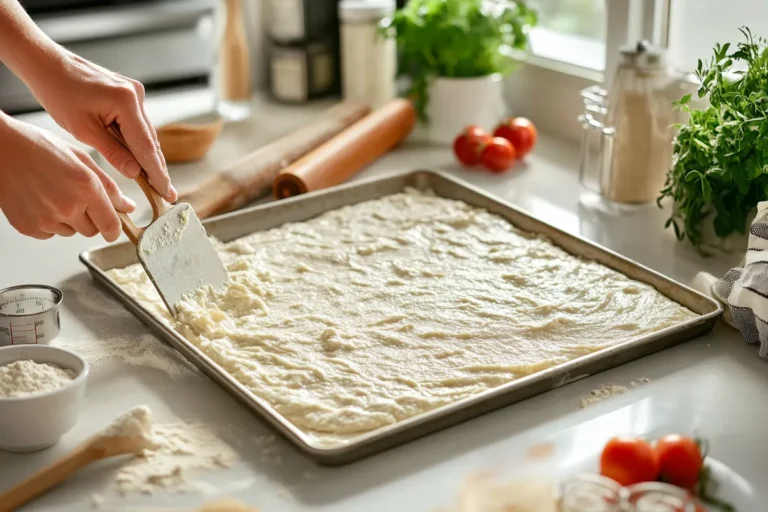 Create a high-resolution, photorealistic image set in a modern, well-organized kitchen. In the foreground, feature a person’s hands actively spreading a creamy cottage cheese pizza crust mixture onto a rectangular baking sheet. The mixture should appear smooth and slightly glossy, indicating its readiness for baking. Use a flexible spatula or dough spreader to evenly distribute the mixture, showcasing the technique and effort involved. Surround the baking sheet with fresh ingredients such as cottage cheese in a bowl, flour or almond flour for dusting, a rolling pin, and other pizza-making essentials like tomatoes, herbs, and spices scattered nearby to add context. Ensure natural, soft lighting illuminates the scene, highlighting the textures of the crust mixture and the smooth surface of the baking sheet. The countertop should be clean and clutter-free, emphasizing the preparation process. Include subtle details like a measuring cup, a sprinkle of flour on the countertop, and a clean kitchen towel hanging in the background to enhance realism. The background should feature a tidy kitchen environment with modern appliances like an oven, refrigerator, and a window letting in natural light, slightly blurred to keep the focus on the action in the foreground. The overall composition should convey a sense of culinary preparation, freshness, and the handmade quality of the pizza crust.