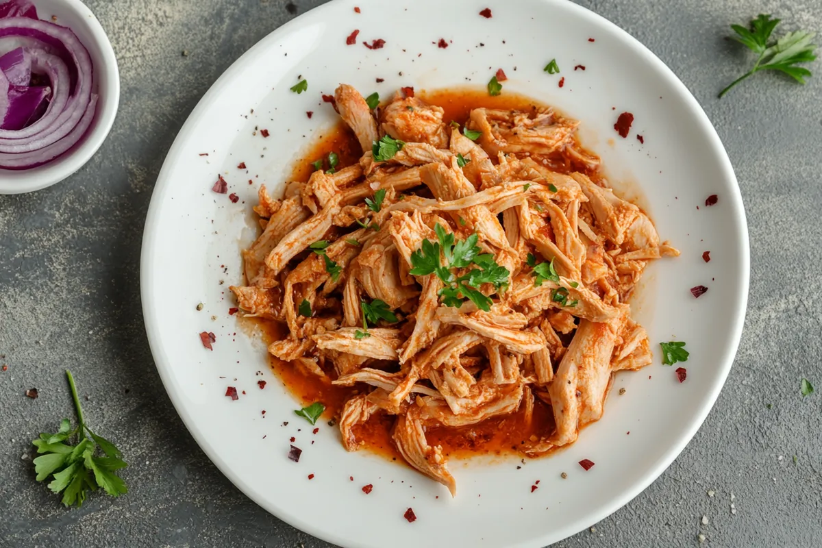 shredded chicken on a white plate