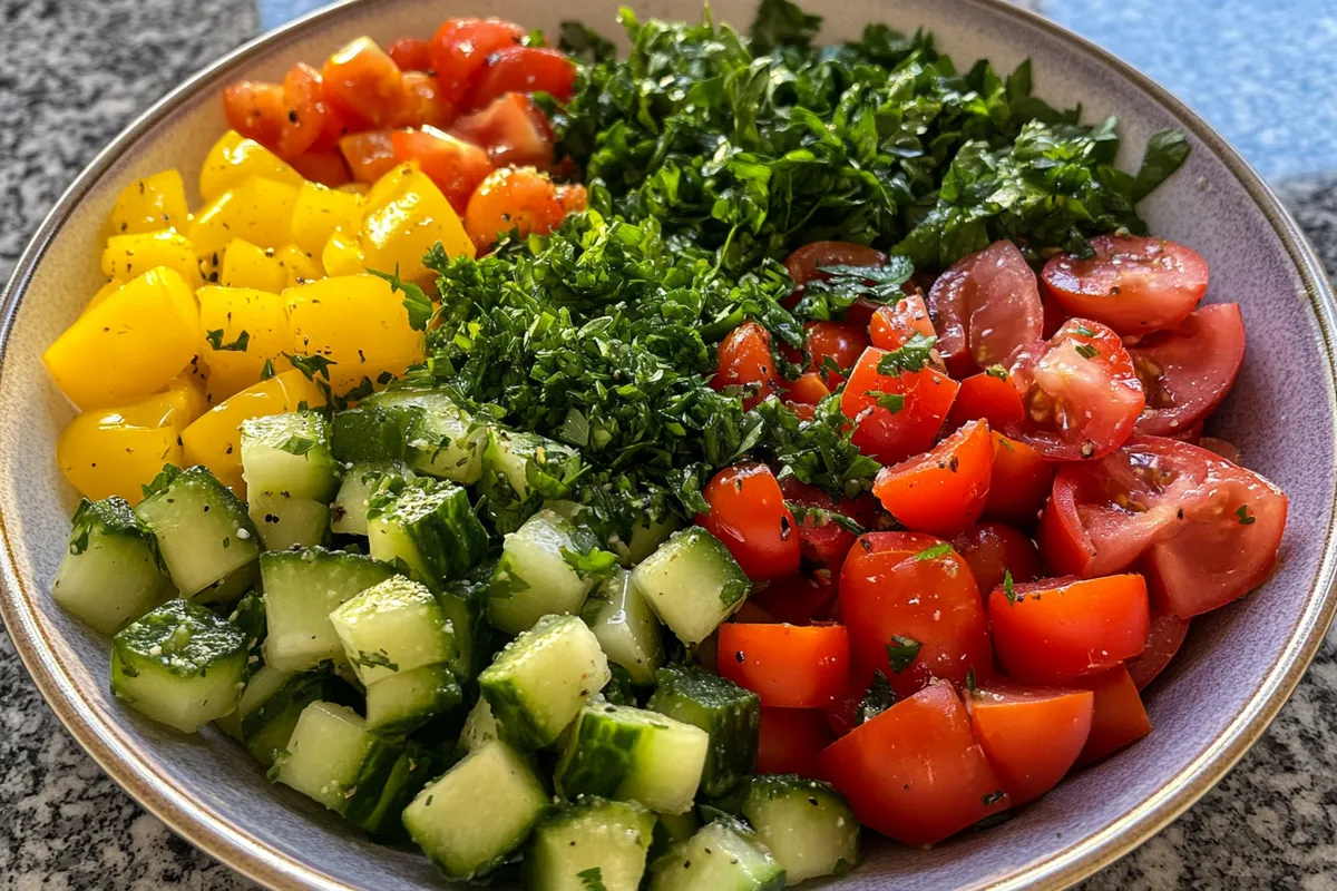 Mediterranean cucumber salad with fresh cucumbers, tomatoes, olives, and herbs