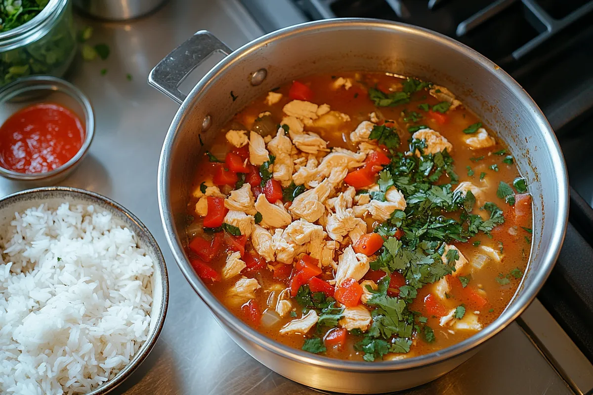 Close-up of chopt spicy chicken soup recipe with rice in a bowl.