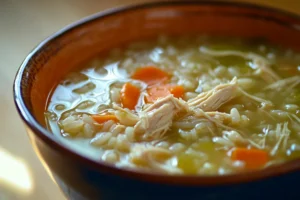 Close-up of chopt spicy chicken soup recipe with rice in a bowl.