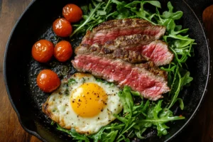 Sliced Wagu beef breakfast served with eggs