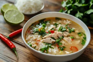 Bowl of chopt spicy chicken soup recipe with rice on a wooden surface