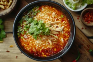 Ingredients for chopt spicy chicken soup recipe with rice on a kitchen counter