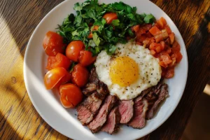 Pan-seared wagu beef breakfast on a cast-iron skillet