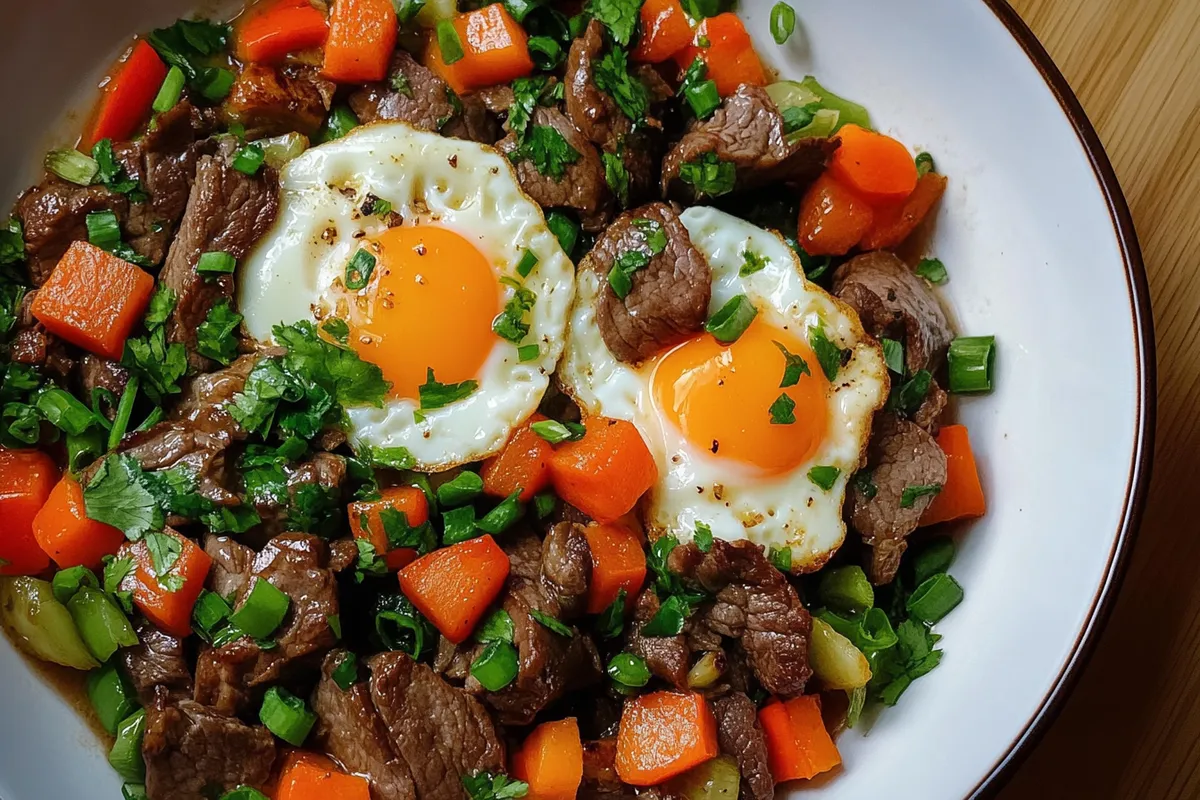 Wagu beef breakfast with sautéed vegetables