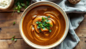 Tender meatballs in a bowl of porcupine soup.